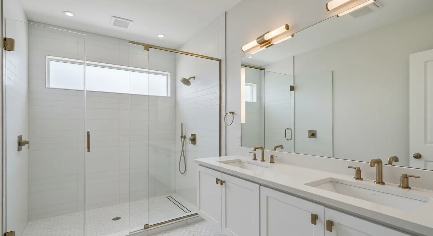 Completed luxury bathroom remodel in San Diego with walk-in shower and quartz