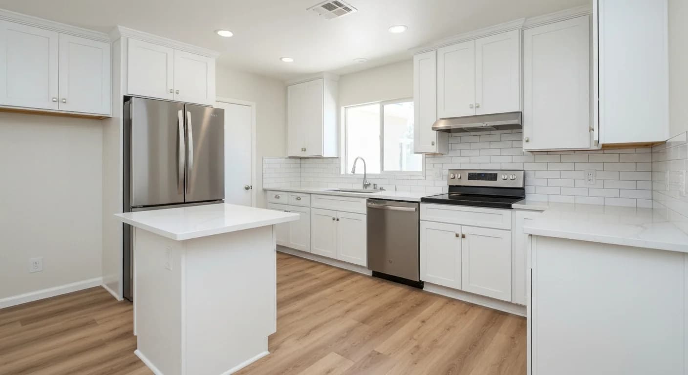 Completed kitchen remodel in San Diego with white shaker cabinets and quartz