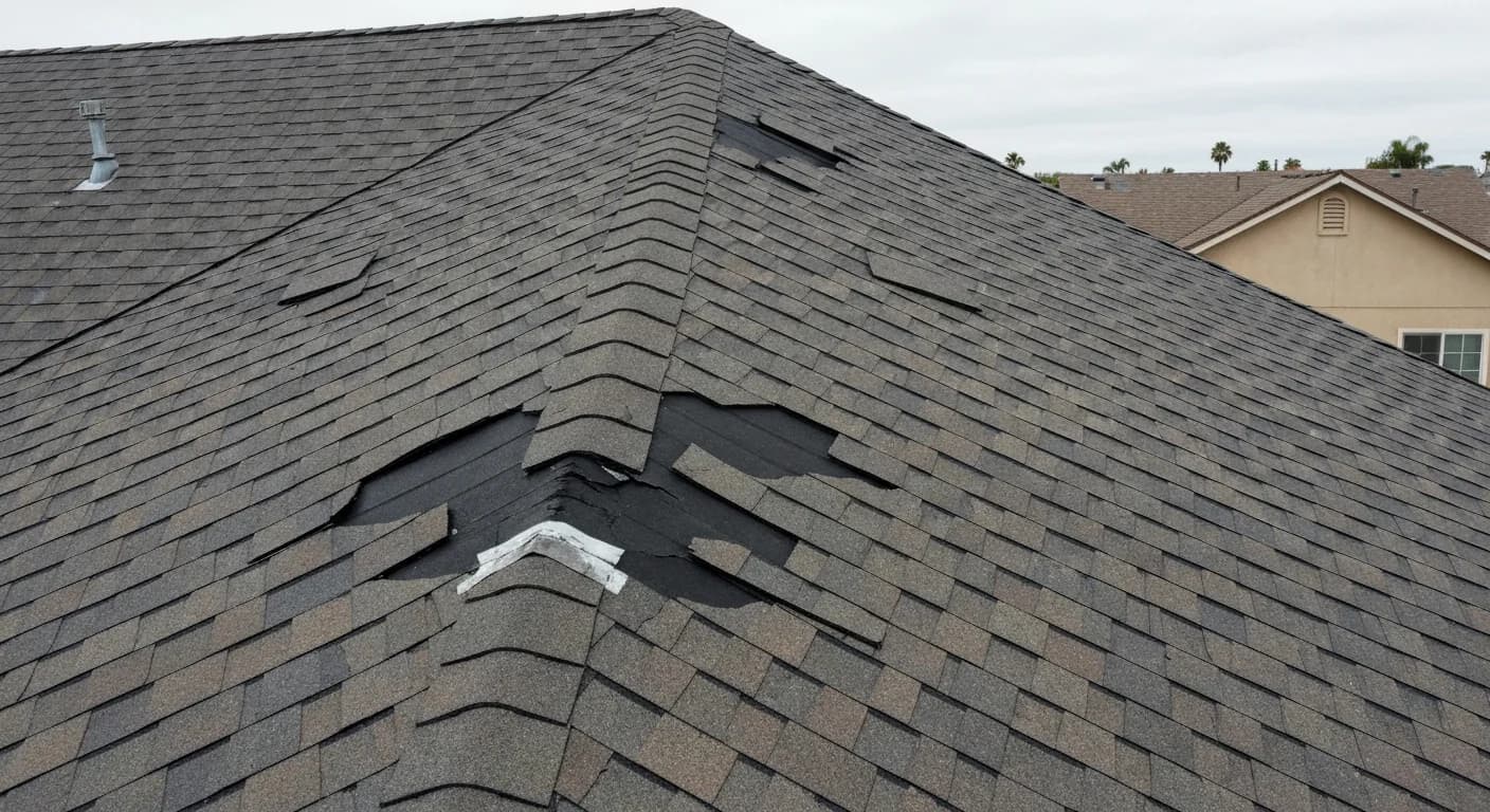 Damaged asphalt shingle roof before repair in San Diego
