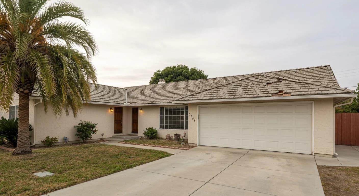 Worn asphalt shingle roof before replacement in San Diego